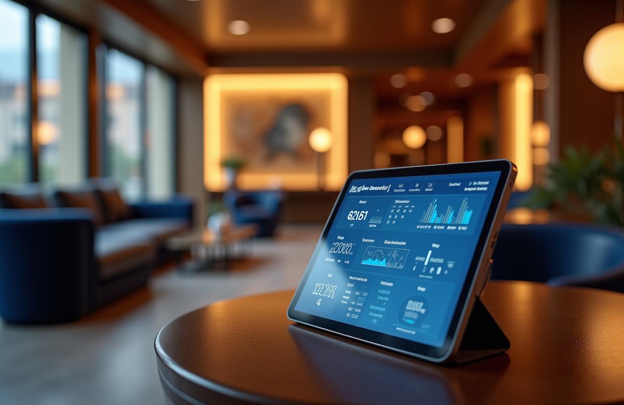 Lobby di un hotel di lusso moderno con un tablet che mostra la dashboard di AlbergoNova